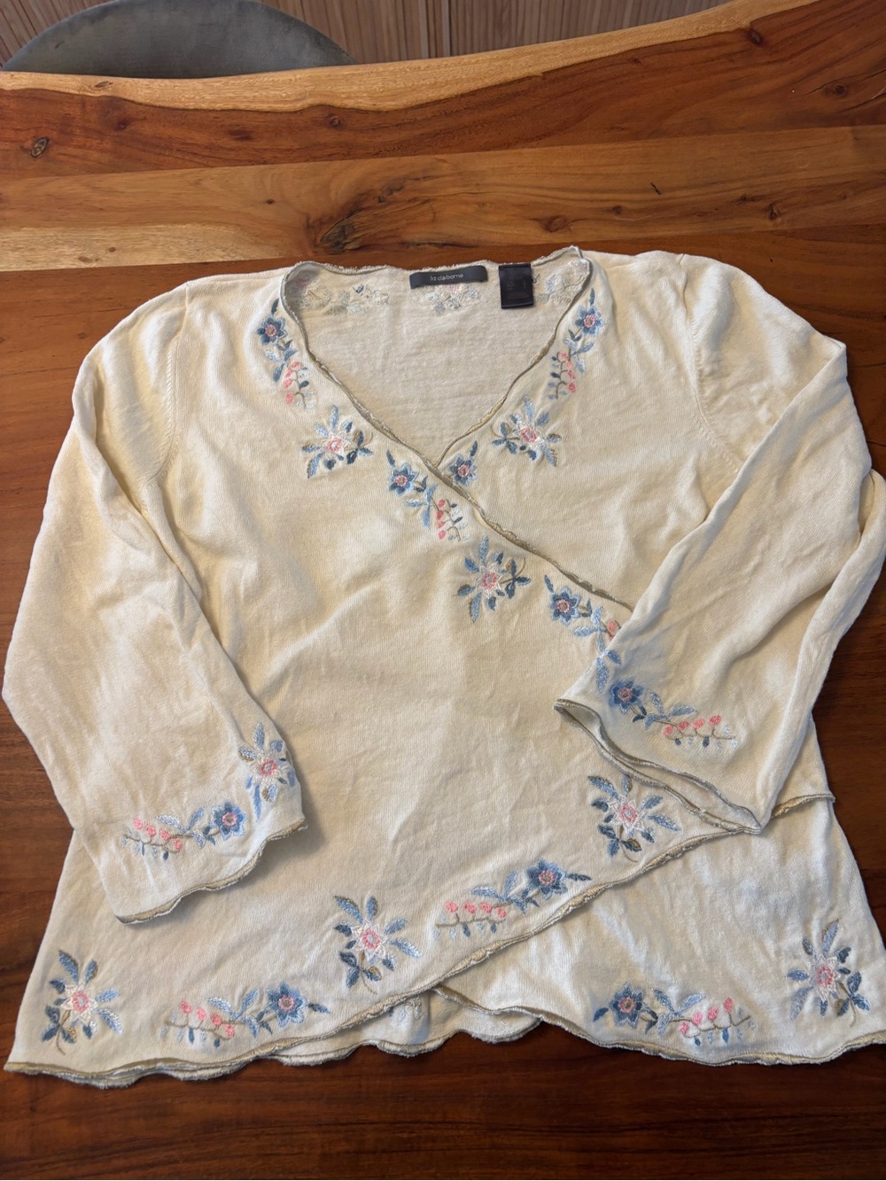 Vintage Liz Claiborne Cream Wrap-Style sweater with floral embroidery size large